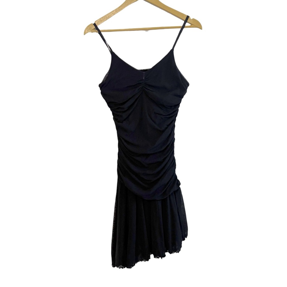 Vintage Black Ruched Spaghetti Strap Mini Dress
